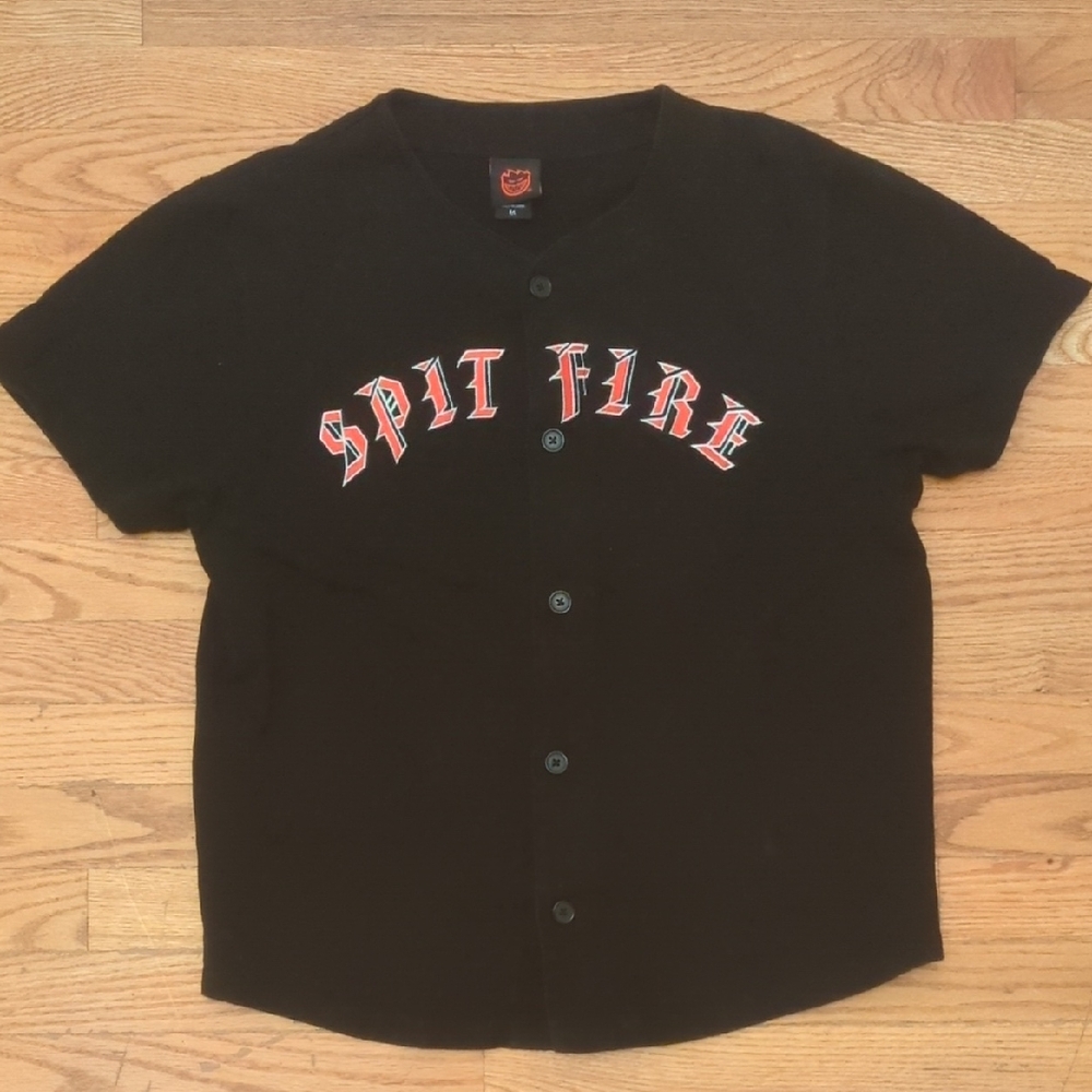 Spitfire Black Button Down Kids Shirt with Red Lettering